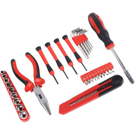 Ensemble d'outils de quincaillerie 31 pièces comprenant tournevis, pinces à becs fins et clés, en acier au carbone. (1/5)