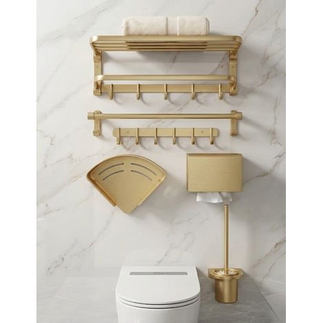 Set di Accessori Bagno da 6 Pezzi (porta asciugamani, porta rotolo, gancio appendiabiti, mensola, porta scopino, porta oggetti) in Alluminio in Finitura Gold Satinato