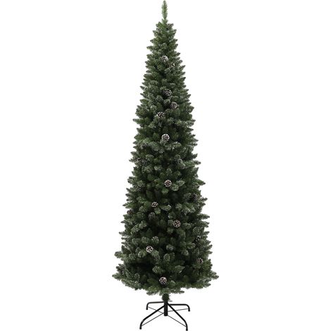 Sapin de Noël enneigé fin de 225 cm de haut avec 980 branches, sapin de Noël artificiel pliable avec pommes de pin et base en acier, Ø80x225 cm (1/5)