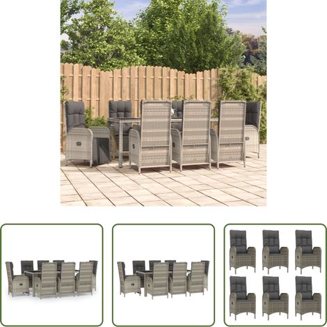 Gartentisch - 9-tlg. Garten-Essgruppe mit Kissen Grau Poly Rattan (1/5)