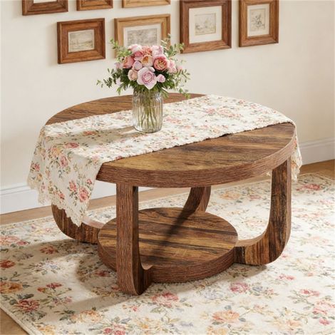Table basse ronde à deux niveaux de 80 cm avec rangement, couleur marron rustique - Rangement pour le salon (1/5)