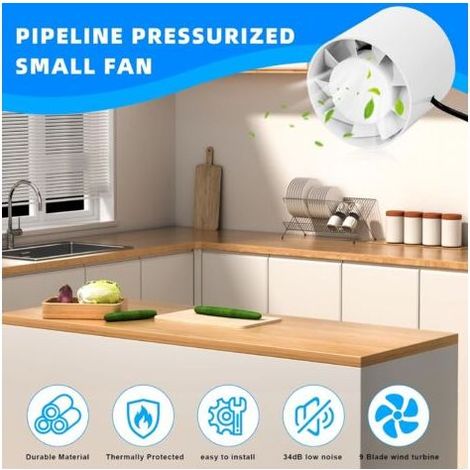 Extracteur d'Air 100mm, Ventilateur tubulaire 130m³/h, Ventilateur d'extraction en Ligne, prise européenne avec interrupteur, Économe en énergie, pour le bain, WC, Cuisine, Bureau, Garage (1/5)