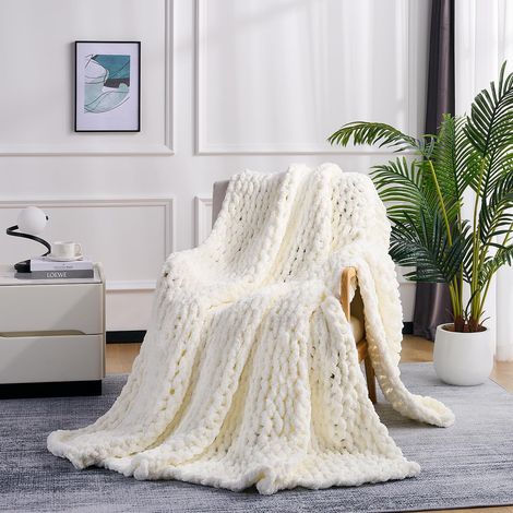 Couverture tricotée épaisse - Blanc crème (130 x 160 cm) - Fil chenille doux - Couverture tricotée à la main - Couverture douillette au crochet pour canapé, lit et décoration d'intérieur (1/5)