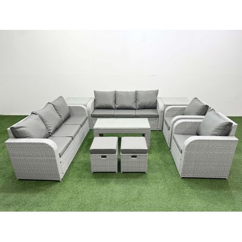 Fimous PE Rattan High Back Lounge Sofa Set Patio Oblong Coffee Table & Chairs Set with 3 Seater Sofa Reclining Chair Stools 2 Side Table Light Grey (1/4)