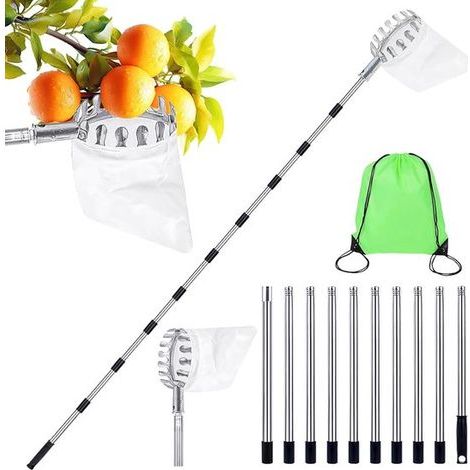 Cueille-fruits - Perche en acier inoxydable modulable en 11 sections avec sac de ramassage et sac de transport - Argent (1/5)