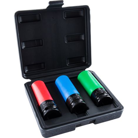 STIER Kraft Steckschlüssel Satz, Antrieb 1/2 Zoll, SW 17/19/21 mm, Nüsse, Schonnüsse, lange Ausführung, 3-teilig, in praktischem Behälter, für Radmontage (1/5)