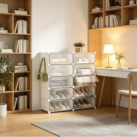Meuble à chaussures modulable 10 compartiments 40 x 30 x 170 cm blanc OKWISH (1/5)