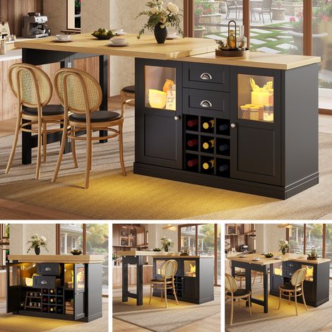 Table à manger extensible avec éclairage LED 3 couleurs, 120-197 cm, rotation à 360°, avec rangement et casier à vin, blanc/noir, capacité jusqu'à 60 kg (1/5)