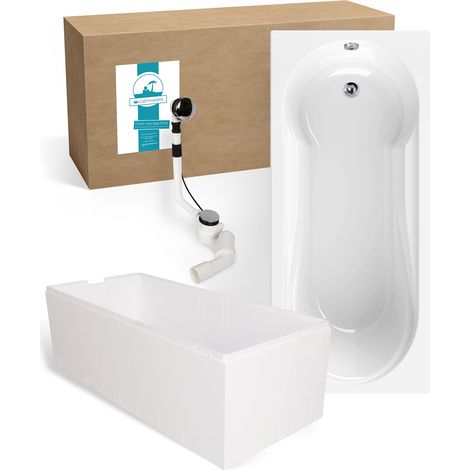 Calmwaters® Badewanne mit Dusche Komplettset 180x80 cm mit Wannenträger & Ablaufgarnitur, Acrylwanne Modern Small 2, Duschzone, Set Badewanne komplett 180 x 80, Duschbadewanne für 2 Weiß, 99000167 (1/5)