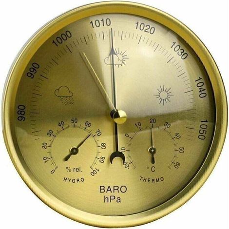 3-in-1-Präzisions-Aneroidbarometer – Wetterstation, Thermometer-Hygrometer für drinnen und draußen mit Edelstahlstruktur – Gold (1/4)