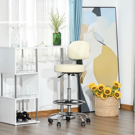 Tabouret de bar réglable avec dossier, assise en cuir régénéré beige, pivotant sur roulettes, hauteur ajustable, pour cuisine et comptoir, structure métal, CHICFURN (1/5)