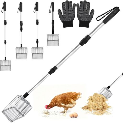 Pelle à Litière Pelle à Poulet Fientes de Poules Ramasse Crotte pour Chat Pelle à Tamis Réglable Accessoires de Poulailler 3 en 1 pour Nettoyage Déjections et des débris du sable Argenté (1/5)