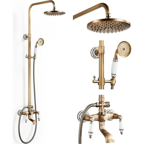 Retro-Duschsäule aus Messing mit Mischbatterie, Duschsystem, Duschset, Wandduschset mit 20-cm-Duschkopf, Handbrause, Badewannenarmatur, höhenverstellbar von 700 bis 1200 mm