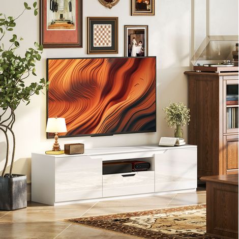 TV-Lowboard 160 cm Weiß mit 2 Türen, Schublade und Kabelmanagement HAVRYA (1/5)