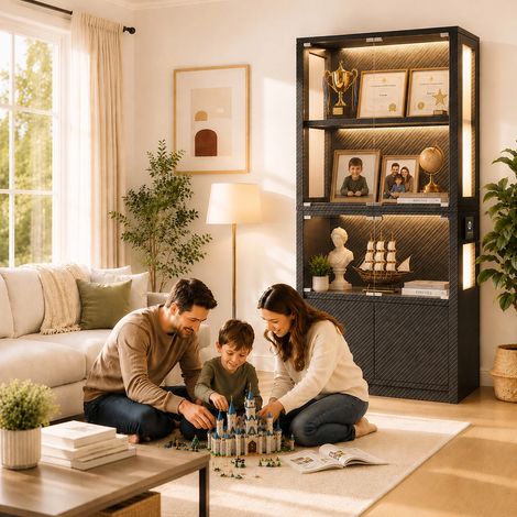 Vitrine en Verre Noir LED, 73x30x161cm,Présentoir Salon pour Figurines &Collections, 4 Étagères, Éclairage Intelligent à Détection (1/5)