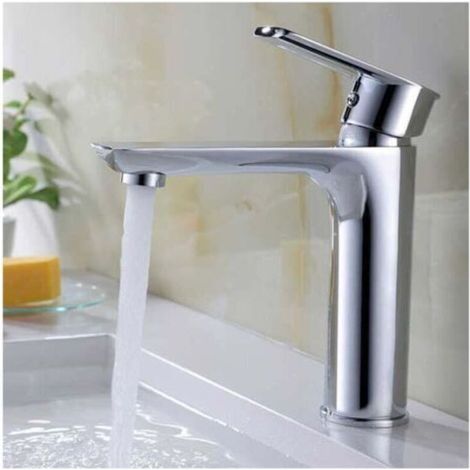 Robinet mélangeur pour lavabo, robinet de salle de bain avec poignée en laiton carrée, commande unique pour eau chaude et froide, finition argentée (sans flexible) (1/4)