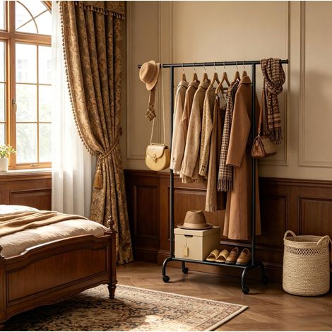 Vestidor abierto con ruedas, barra extensible 84 a 124 cm, estante inferior, negro HAVRYA (1/4)