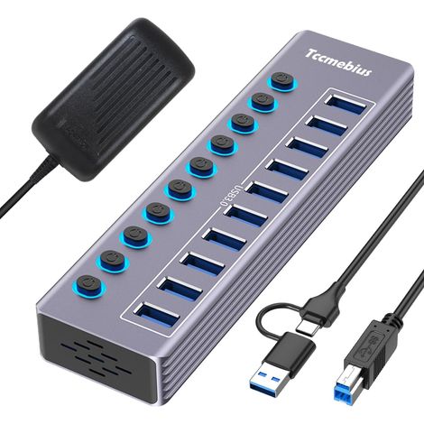 Hub USB Alimenté à 10 Ports Aluminium USB 3.0 Data Hub avec Interrupteur Séparé LED, Adaptateur d'alimentation 12V/3A, 2-en-1 (USB A/C) Data Cable 100cm, pour Laptop MacBook Pro/Air PC (1/5)