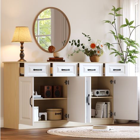 Buffet à 4 tiroirs et 4 portes, 160 x 35 x 80 cm, MDF, blanc et bois naturel DESVIAE (1/5)