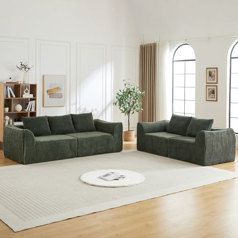 Sofá modular de pana verde con espuma, líneas curvas, sin montaje y fácil de mover (1/5)