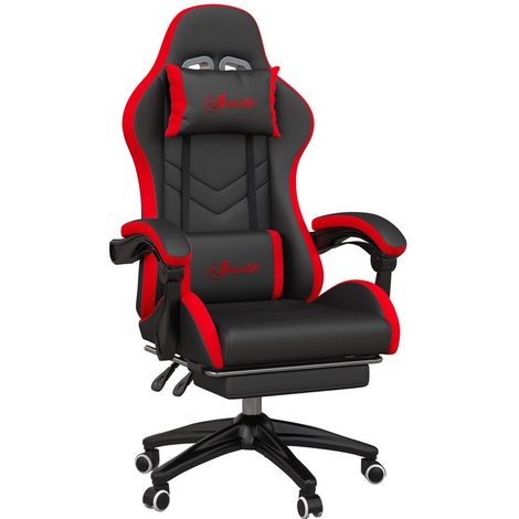 Fauteuil gaming noir et rouge en similicuir inclinable 135° avec appui-tête et repose-pieds, 121-129 cm, gamer