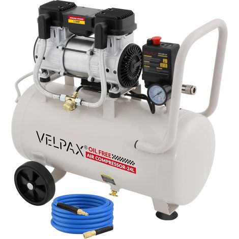 Compresseur à air silencieux sans huile 24L 1100W – Pression max 8 bar – Débit 0.19m³/min – Avec roulettes et tuyau d'air 10m