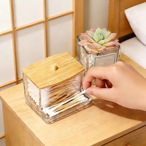 Distributeur de cotons-tiges transparent avec couvercles, boîte de rangement pour fournitures de maquillage pour salon et salle de bain (1/5)