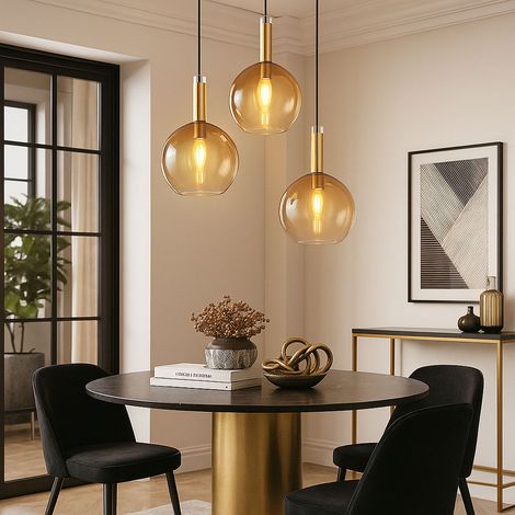 LED Pendellampe Pendelleuchte Wohnzimmerlampe messing amber Hängeleuchte 3 Flammig Glas, Metall, 3x 4W 3x 350lm warmweiß, DxH 51x150 cm