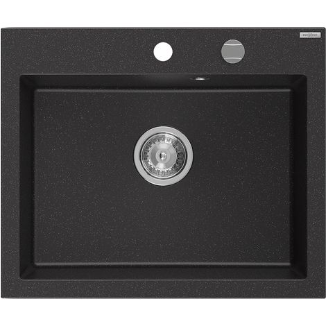Mexen Elix fregadero de granito de 1 seno 600 x 500 mm, negro/metálico plateado, sifón cromado - 6525601005-73