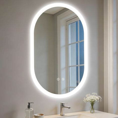 Oval LED Bathroom Mirror Adjustable LED Colors Dimming Anti-fog Tempered Glass, 80 x 50cm
