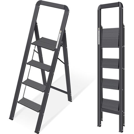 Escabeau 4 Marches Pliable en Aluminium Léger, Marche Pied Pliant avec Pédales Antidérapantes, Main Courante, Échelle pour Maison Cuisine Bureau, Gain de Place, Charge Maximale 150 kg, Noir (1/5)