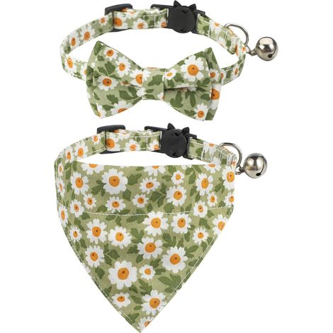 Collier Pour Chat Avec Nœud Papillon Et Clochette - Motif Fleurs - Boucle De Sécurité - Ensemble 2 Pièces (1/5)