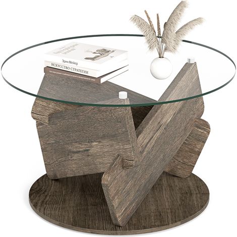Costway – Table basse ronde en verre trempé 81 cm – Pieds en bois de caoutchouc – Capacité de charge 91 kg – Bords arrondis et patins antidérapants (1/5)
