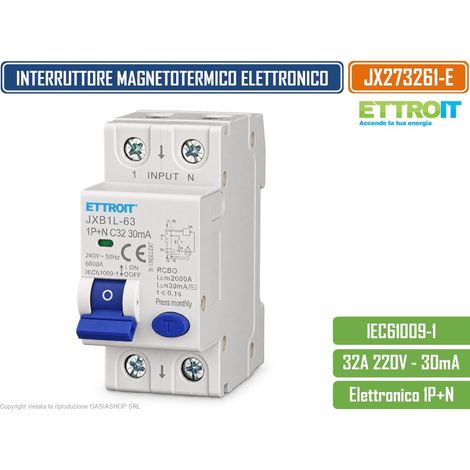 ETTROIT JX273261-E INTERRUTTORE MAGNETOTERMICO DIFFERENZIALE SALVAVITA ELETTRONICO RCBO 1P+N 32A C32 30MA 6KA 240V 2 MODULI DIN (1/4)