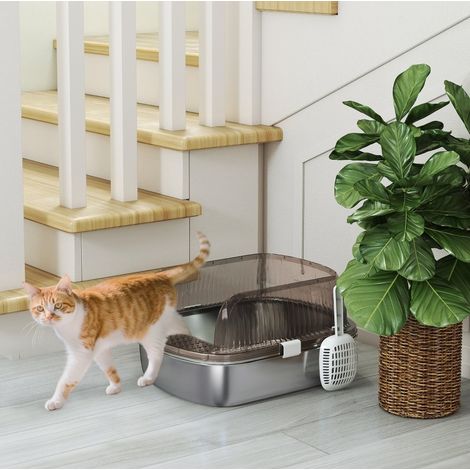 Katzentoilette en acier inoxydable 53x42x27 cm gris charbon, haut rebord, pour grand chat FLORAGRACE (1/5)