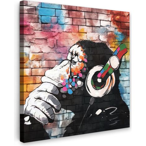 TABLEAU SUR TOILE Singe - Graffiti - Musique Tableau Chambre Adulte 90x90 cm