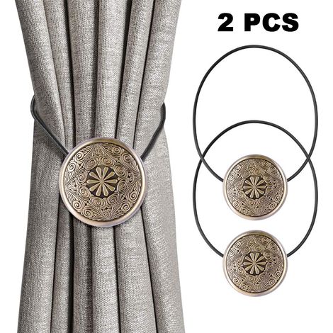 Attache Rideau Magnetique - 2 Pièces - Pour Rideaux en Coton Polyester Soie Velours - Sans Perçage - Design Vintage Rond