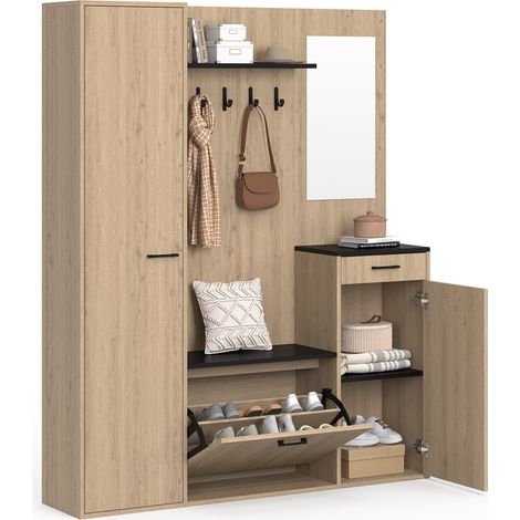 Garderobe für den Eingangsbereich zur Schuhaufbewahrung mit Spiegel und Regalen MAHAUT XXL maxi Kapazität Holz- und Schwarzeffek
