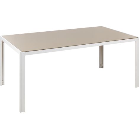 Mesa de comedor de jardín con tablero de vidrio templado beige y estructura de aluminio blanco 160 x 90 cm Catania
