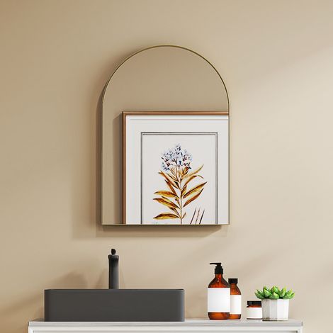 Déco Miroir mural arqué de salle de bain avec cadre en alliage d'aluminium pour chambre salon entrée 50 × 70 cm or