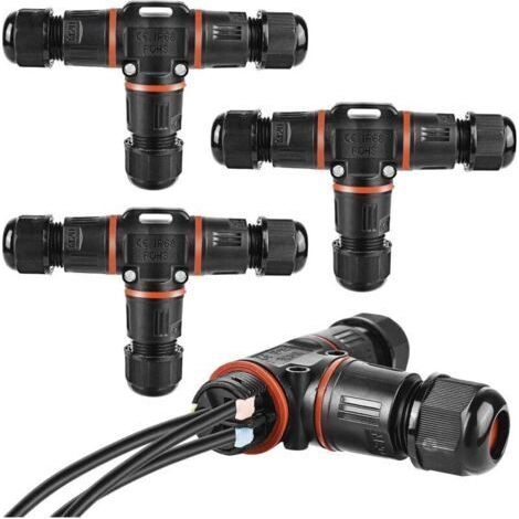 Connecteur de câble 3 broches, IP68, boîte de jonction pour câble de terre de 3 à 12 mm de diamètre, boîte de jonction extérieure étanche, noir (1/4)