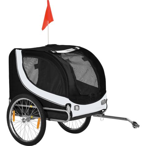 Remorque vélo pour chien moyen, 130x73x90 cm, avec fenêtres latérales et fanion, coloris noir et blanc