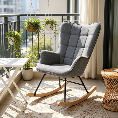 Sillón balancín, respaldo alto, asiento acolchado, reposabrazos curvos, terciopelo gris oscuro (1/4)