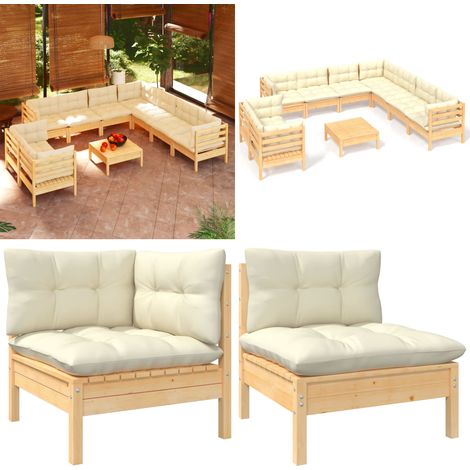 10-tlg. Garten-Lounge-Set mit Creme Kissen Massivholz Kiefer - Gartenmöbeln - Lounge Set - Outdoor Möbel - Rattan Gartenmöbel - Kiefernholzmöbel - Home & Living