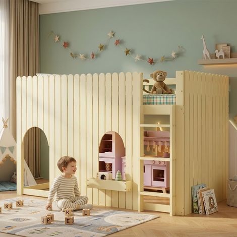 Hochbett 90x200 cm Kinderbett mit LED-Beleuchtung und Rausfallschutz, Spielbett aus massiver Kiefer mit Stauraum und Leiter, Natur (1/5)