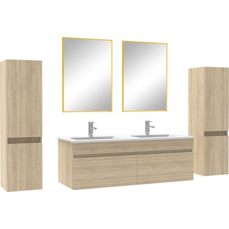Ensemble meubles Salle de Bain 120cm double vasque avec colonne + miroir Chêne Wotan