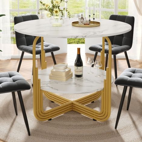 Runder Esstisch (80×80×76cm), Küchen-Esstisch, runder Couchtisch für 4 Personen, kleine runde Platte in der Mitte zur Aufbewahrung, geeignet für Esszimmer, Wohnzimmer, MDF-Marmor-Tischplatte