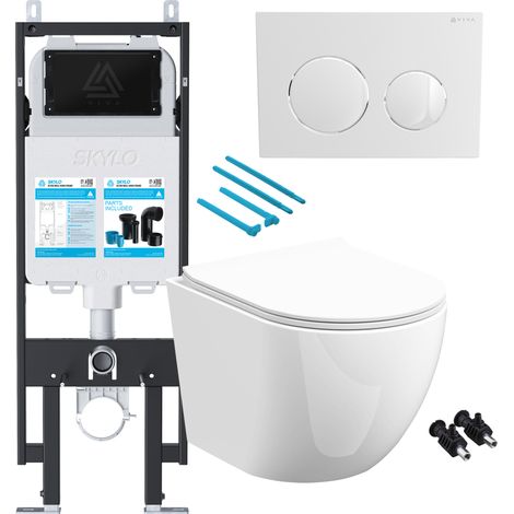 Gloss White Rimless D Shape Wall Hung Toilet with 1.14m Concealed Cistern Frame Set - White Plate (1/4)