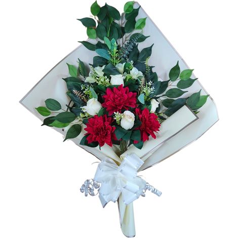 Bouquet de Fleurs artificielles pour cimetière avec Vase à Mettre dans Le Pot du Vase 78 x 63 x 20 cm (Dahlias Blancs et Rouges) (1/5)