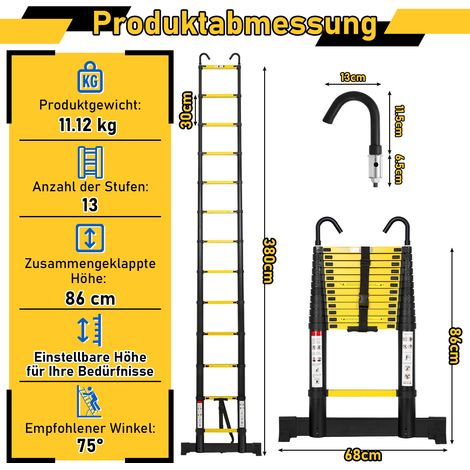 Wolketon Premium Alu Teleskopleiter Ausziehleiter Klappleiter Höhe 3,8M schwarz Antirutsch Mehrzweckleiter mit Stabilisator und Abnehmbaren Haken (1/3)
